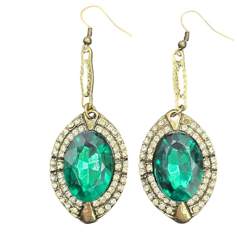 Vintage Gold-Tone Dangling Earrings With Emerald Green Rhinestones & Crystal Acc